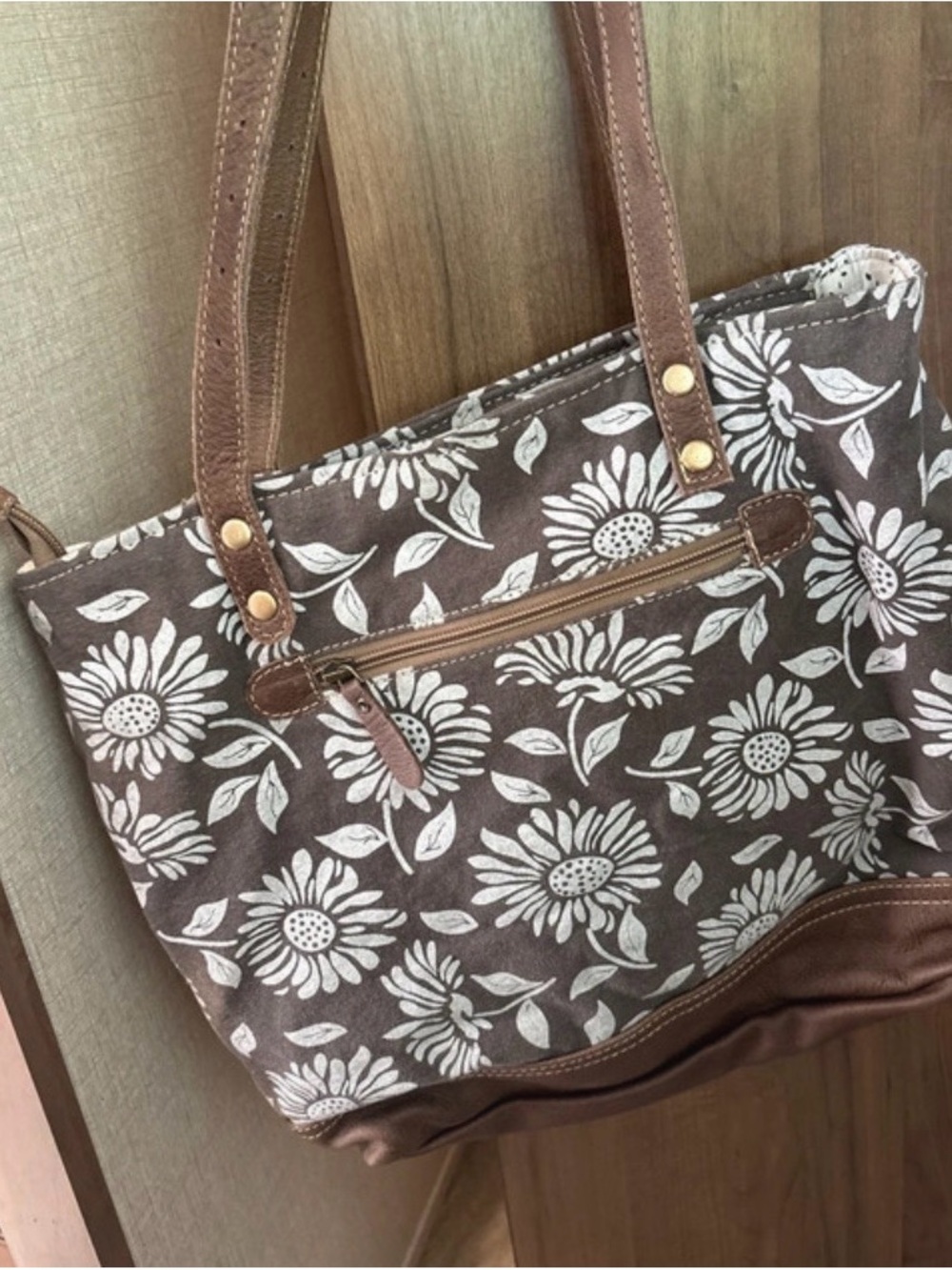 Myra Canvas Floral Tote Bag in Brown and White with Leather trim -NWT - Picture 8 of 8